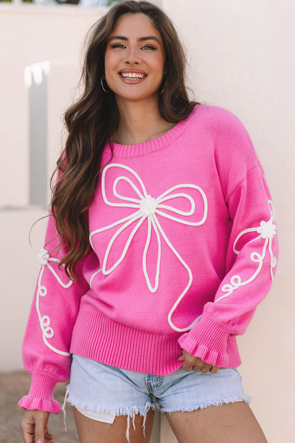 Valentine Bow Corded Embroidery Ruffle Cuff Sweater