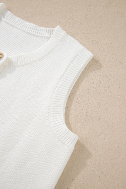 Solid Knit Sleeveless Button Front Pocketed Sweater
