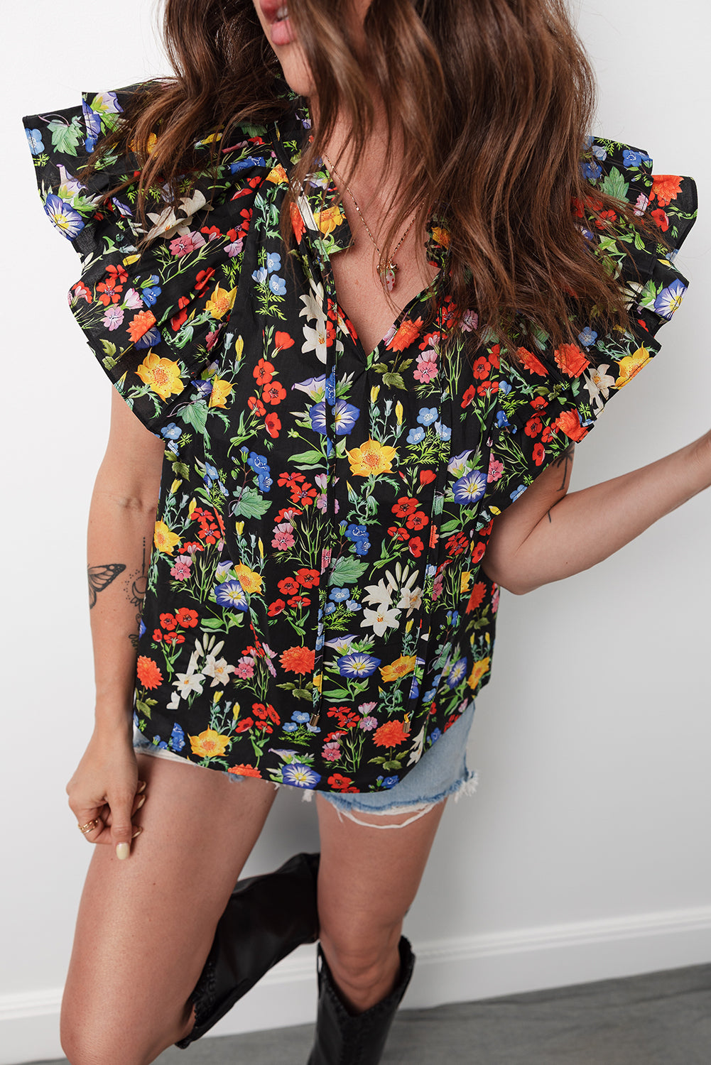 Flower Tiered Flutter Sleeve V-Neck Blouse