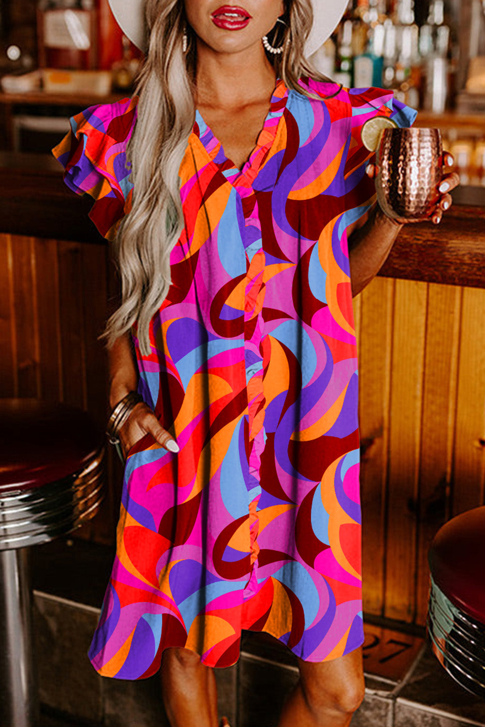 Abstract Ruffle Sleeve Shirt Dress