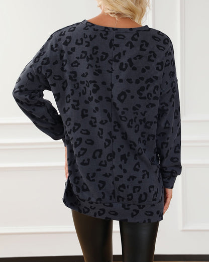 Leopard Split Neck Waffle Sweatshirt