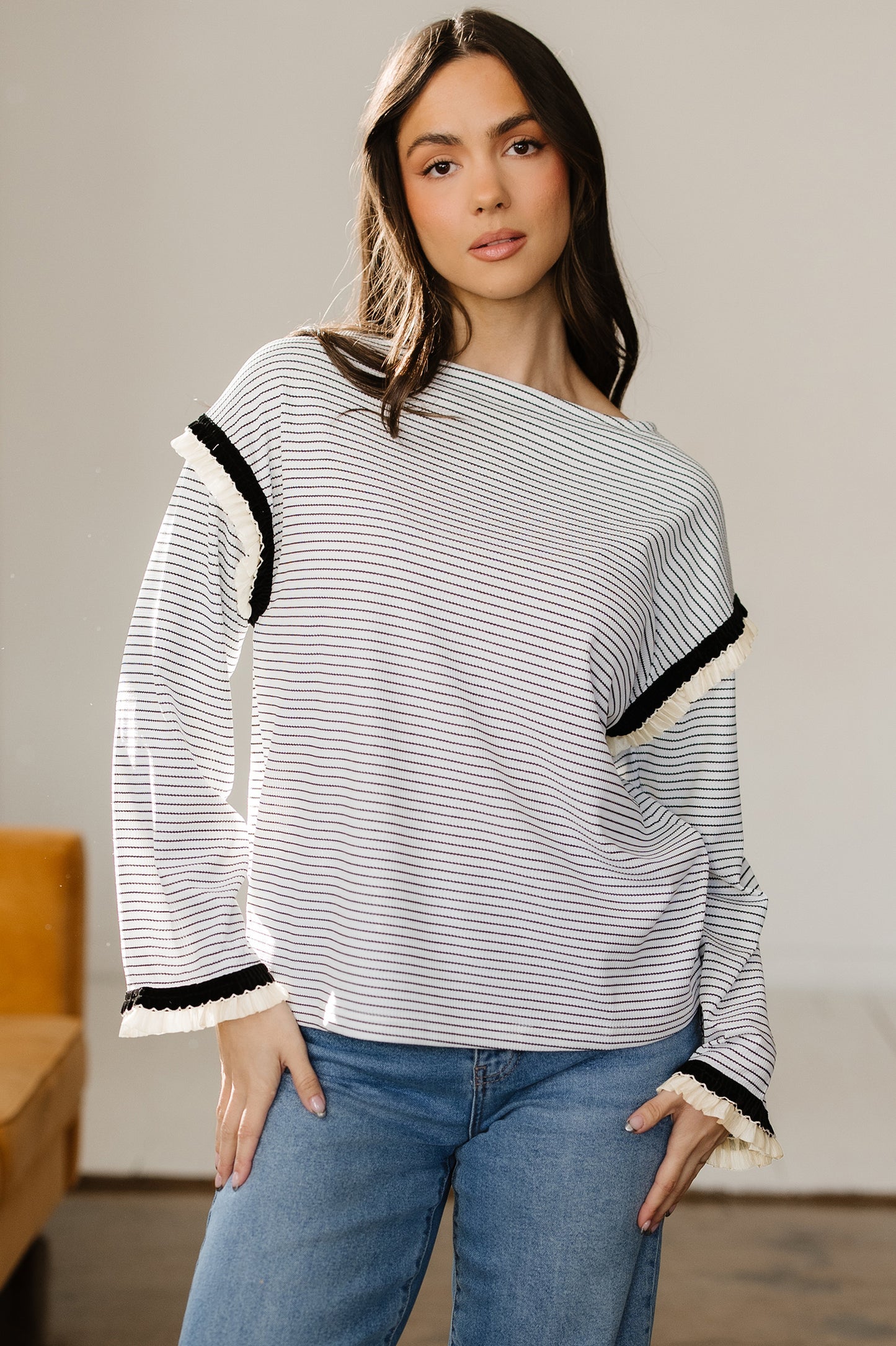 Stripe Contrast Ruffle Trim Long Sleeve Top