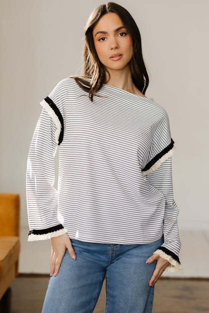 Stripe Contrast Ruffle Trim Long Sleeve Top