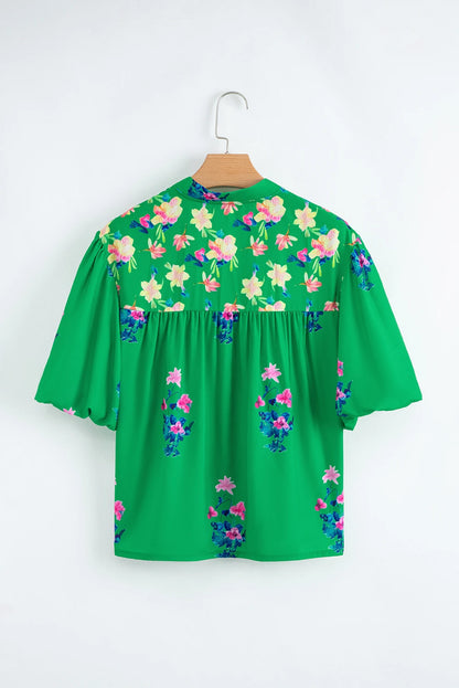 Floral Tassel Tie Split Neck Short Sleeve Blouse