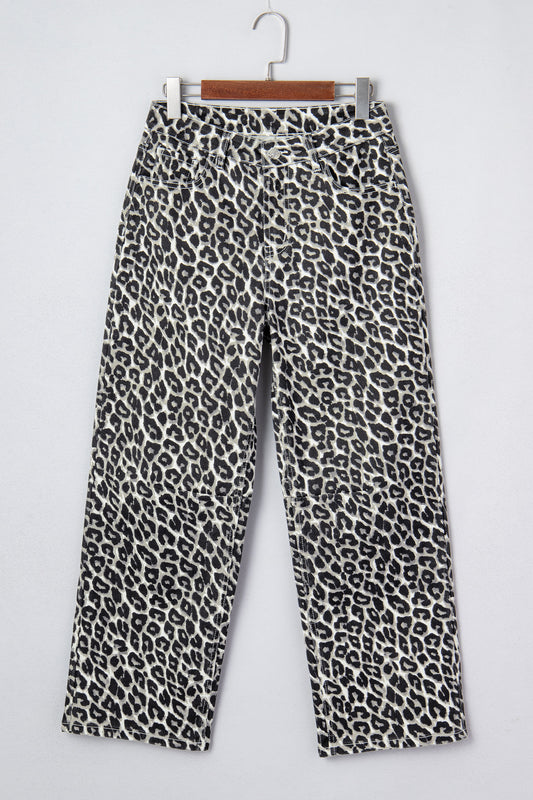 Leopard High Waist Barrel Leg Jeans