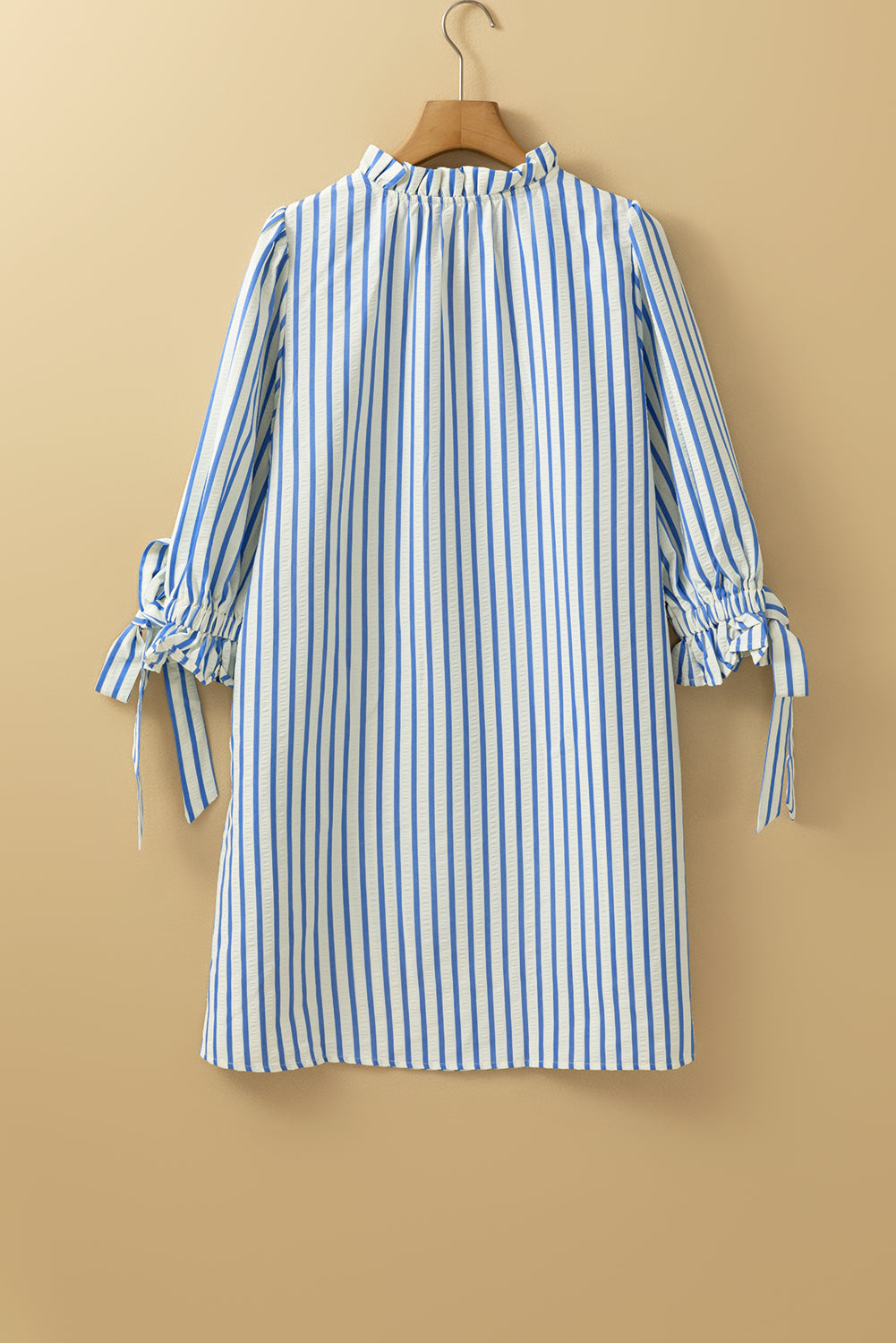 Stripe Knotted 3/4 Sleeve Notched Neck Mini Dress