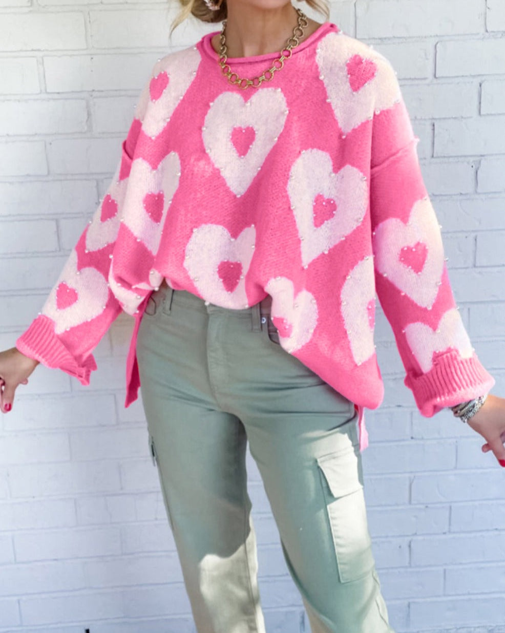 Beaded Heart Drop Shoulder Sweater