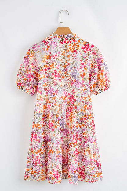Floral Puff Sleeve V-Neck Tiered Mini Dress