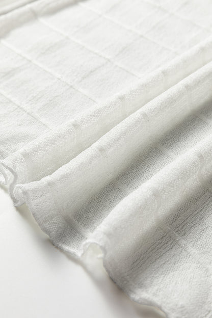 Sheer Plaid Mesh Lettuce Trim Long Sleeve Top