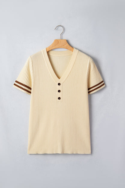 Stripe Contrast Short Sleeve Ribbed V-Neck Sweater