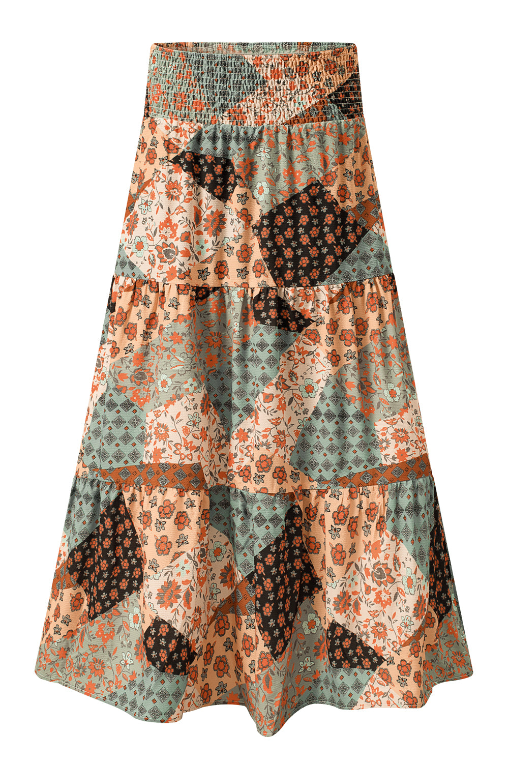 Boho Floral Patchwork Smocked Waist Maxi Skirt