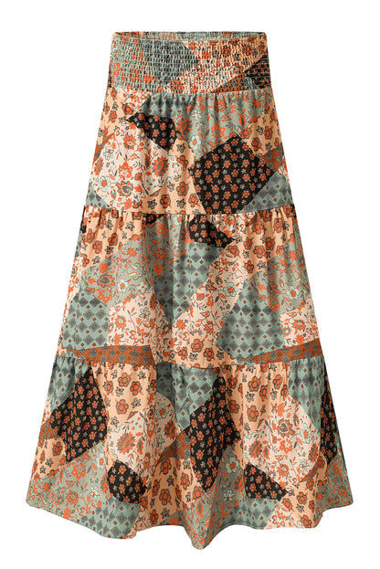 Boho Floral Patchwork Smocked Waist Maxi Skirt