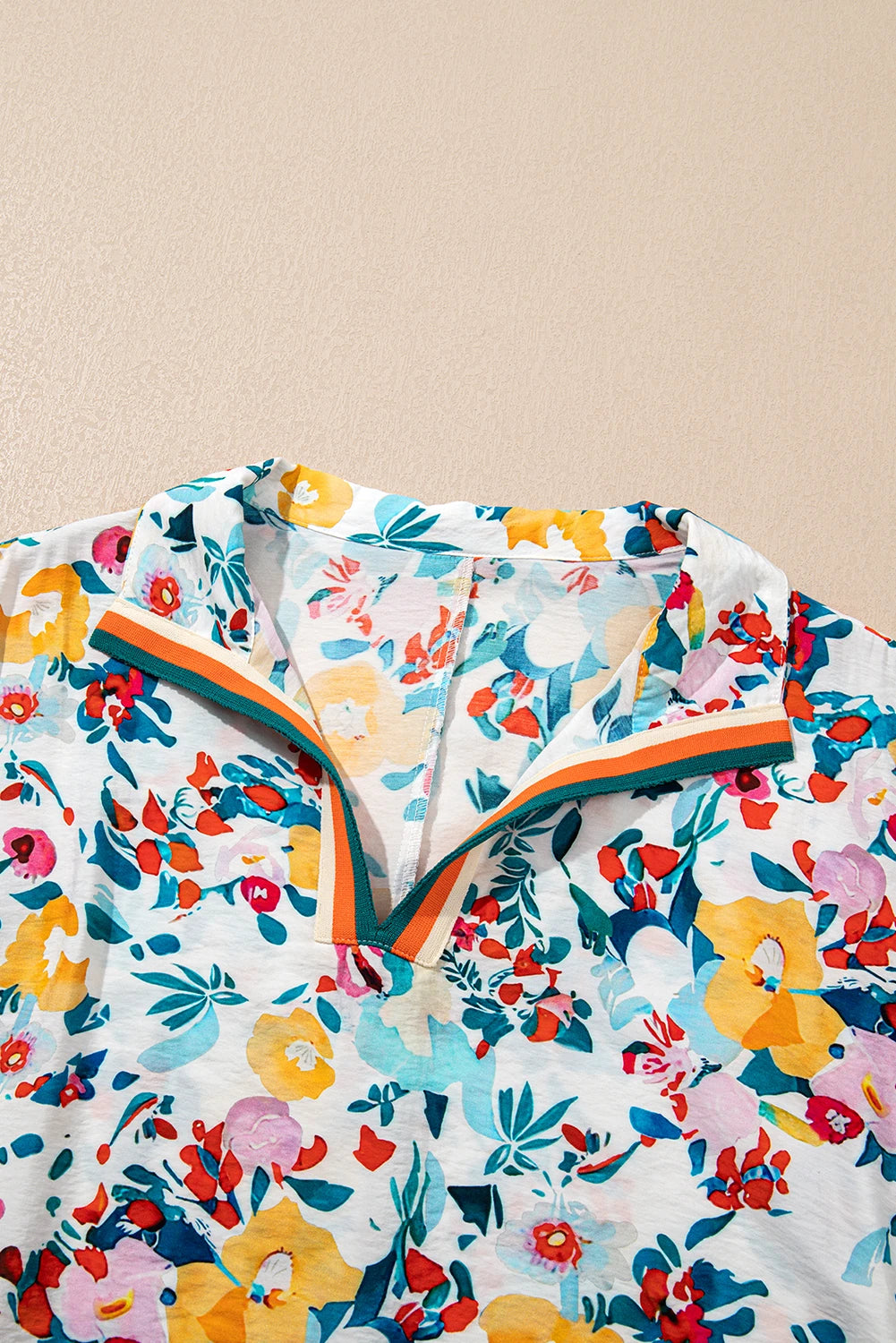 Floral Slit V-Neck Short Sleeve Blouse