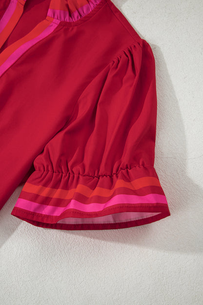 Stripe Frilled V-Neck Ruffle Short Sleeve Blouse