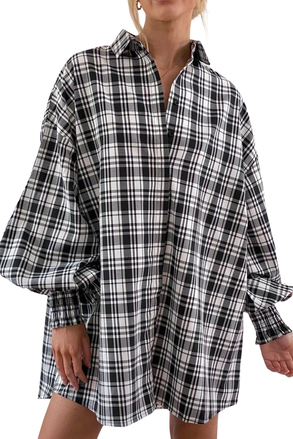 Plaid Bishop Sleeve Oversized Shirt