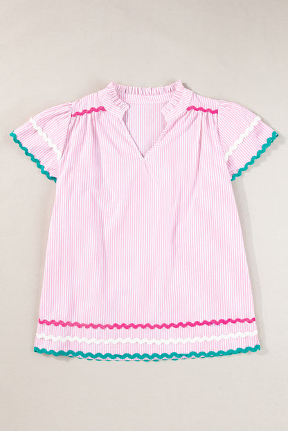 Stripe Ric-Rac Ruffle Sleeve Blouse