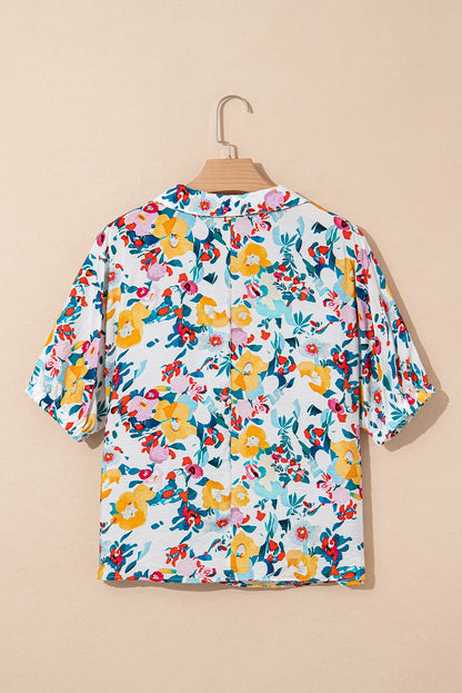 Floral Slit V-Neck Short Sleeve Blouse