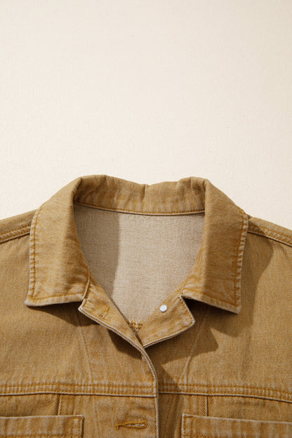 Solid Denim Long Sleeve Buttoned Collar Jacket