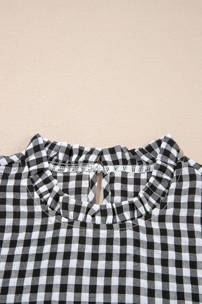 Gingham Plaid Puff Sleeve Frilled Neck Blouse