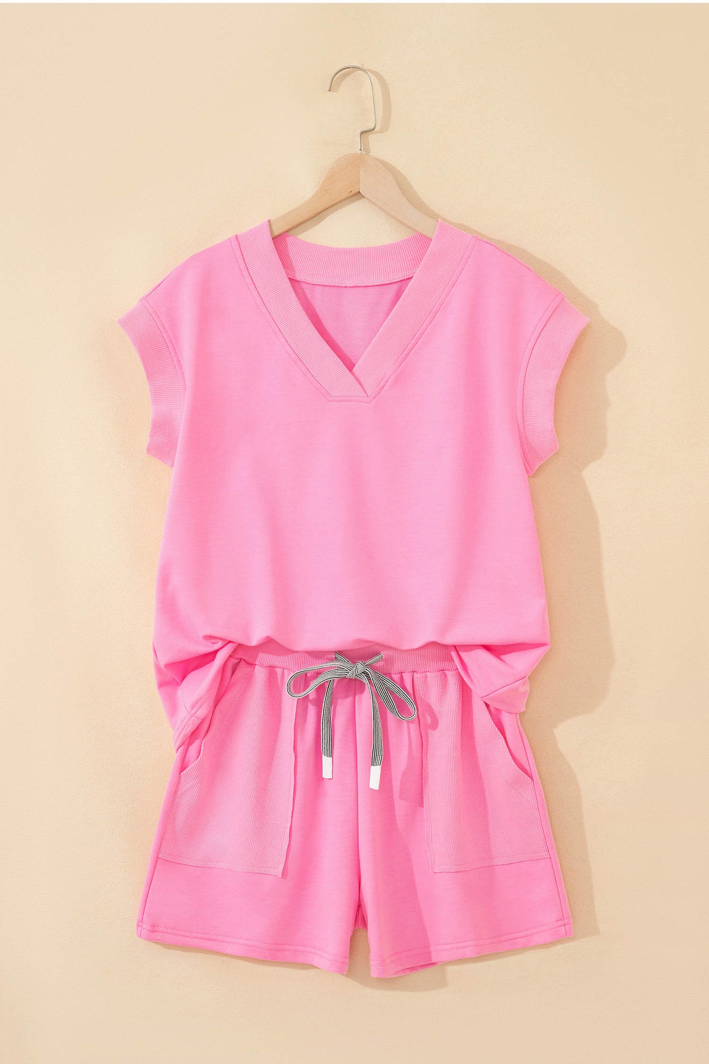 Solid V-Neck Short Sleeve Top & Drawstring Shorts Set