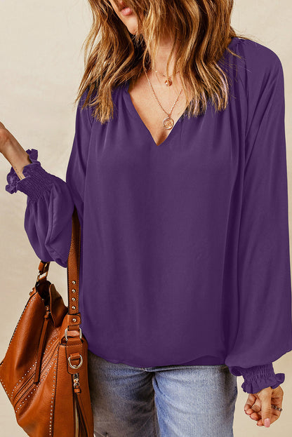 Pleated Puff Sleeve V-Neck Blouse