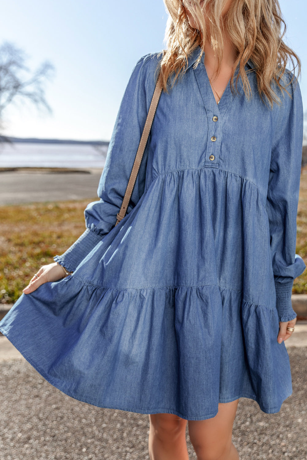 Denim Smocked Long Sleeve Mini Dress