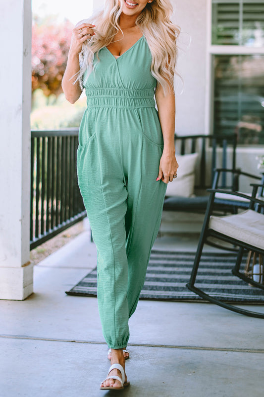 Shirred High Waist Sleeveless Jumpsuit