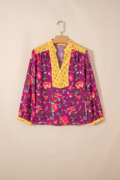 Floral Patchwork Split V-Neck Blouse