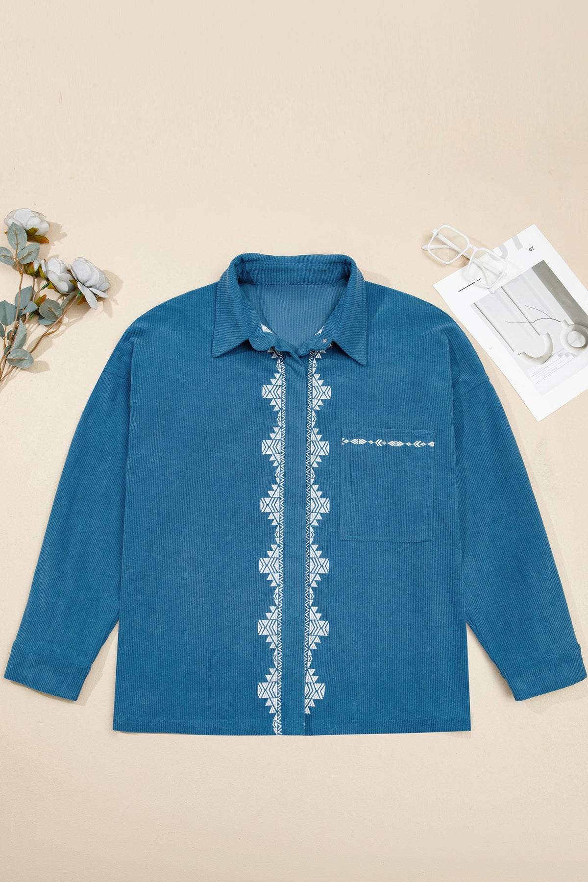 Plus Size Western Embroidered Corduroy Long Sleeve Shirt