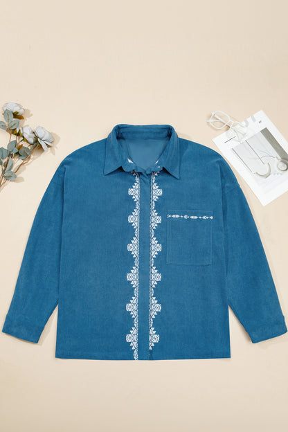 Plus Size Western Embroidered Corduroy Long Sleeve Shirt