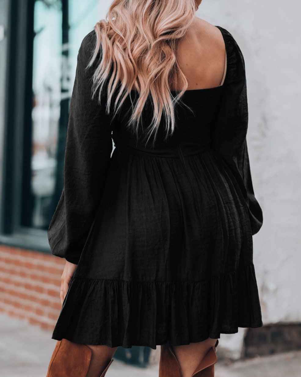 Ruched Square Neck Puff Sleeve Dress