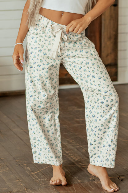 Floral Grommet Knot Waist Barrel Leg Jeans