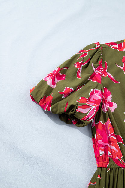 Floral Stripe Trim Short Puff Sleeve Maxi Dress
