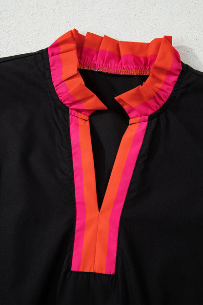 Stripe Trim Ruffle Split Neck Long Sleeve Blouse