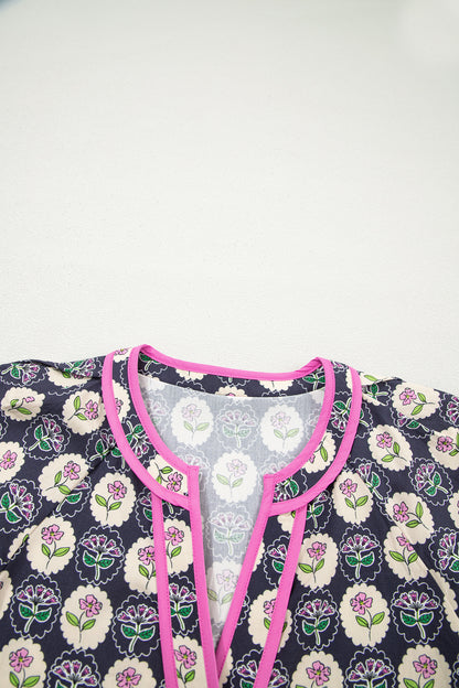 Floral Stripe Trim Short Sleeve Shift Dress