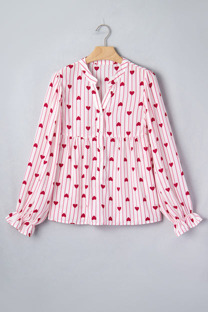 Stripe Textured Heart Flounce Sleeve Shirt