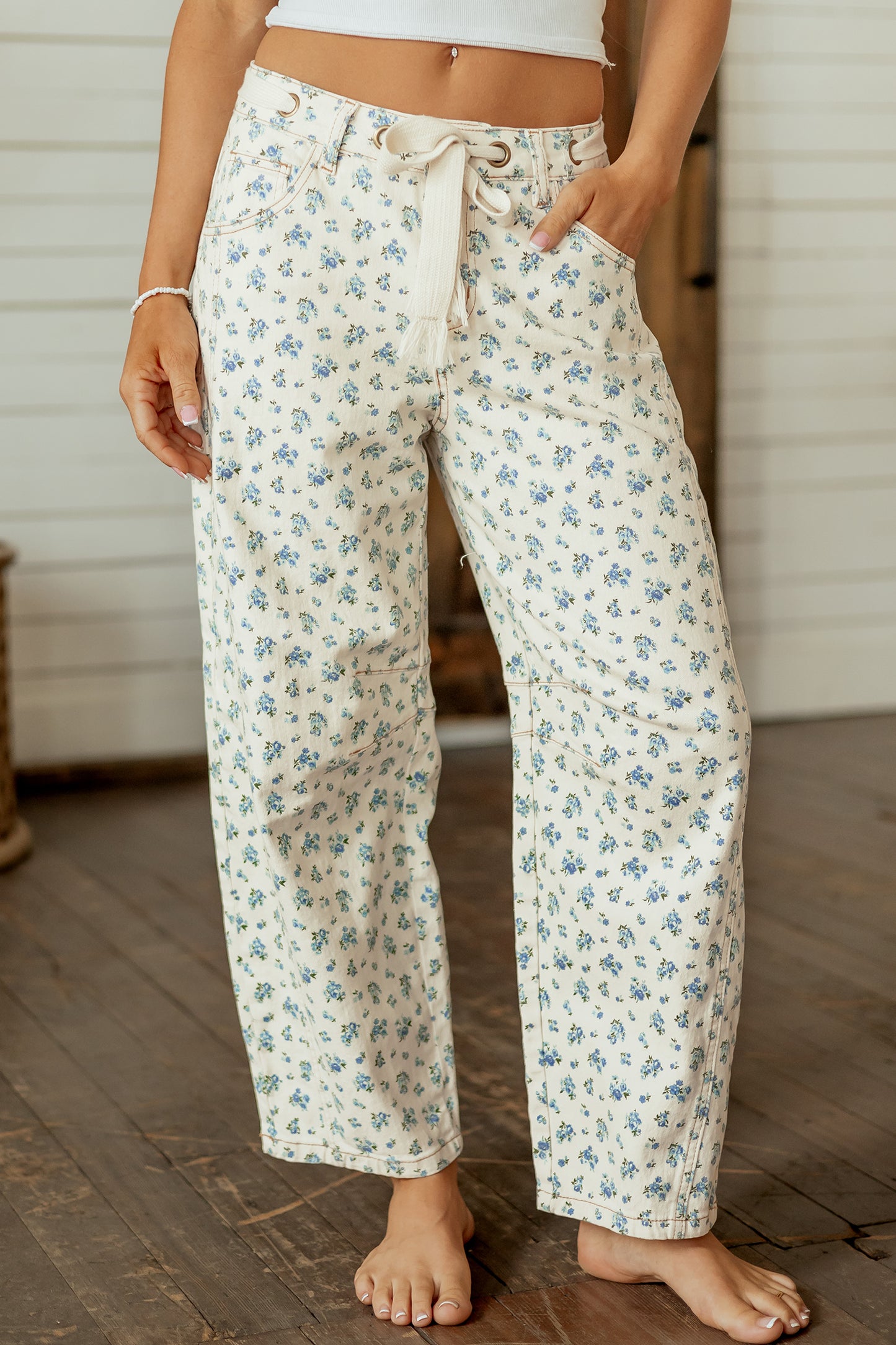 Floral Grommet Knot Waist Barrel Leg Jeans