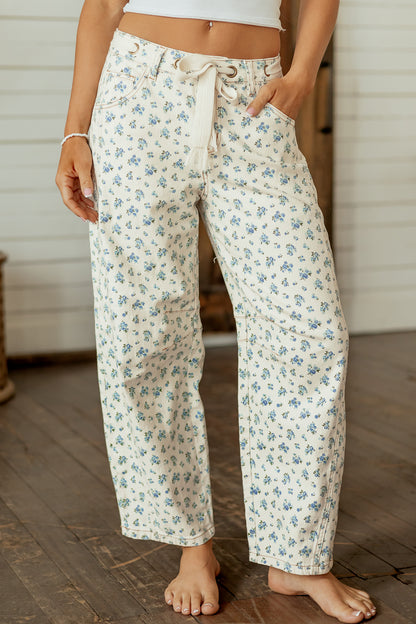 Floral Grommet Knot Waist Barrel Leg Jeans