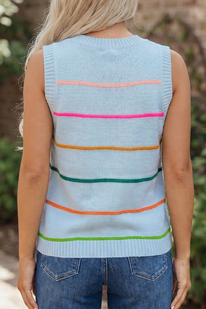 Stripe Ribbed Trim Sleeveless Sweater Knit Tank