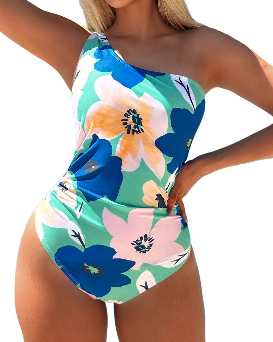 Floral Ruched One-Shoulder Monokini