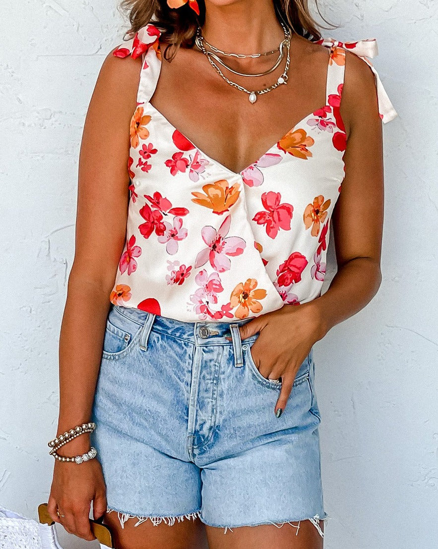 Floral Wrap Front Sleeveless Bodysuit