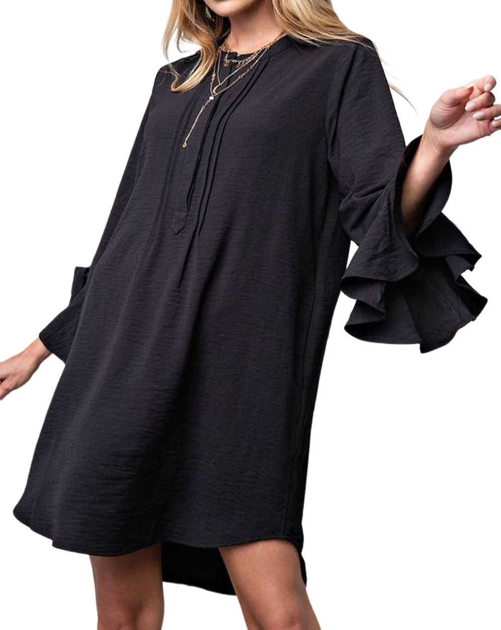 Pleated Ruffle 3/4 Sleeve Dress