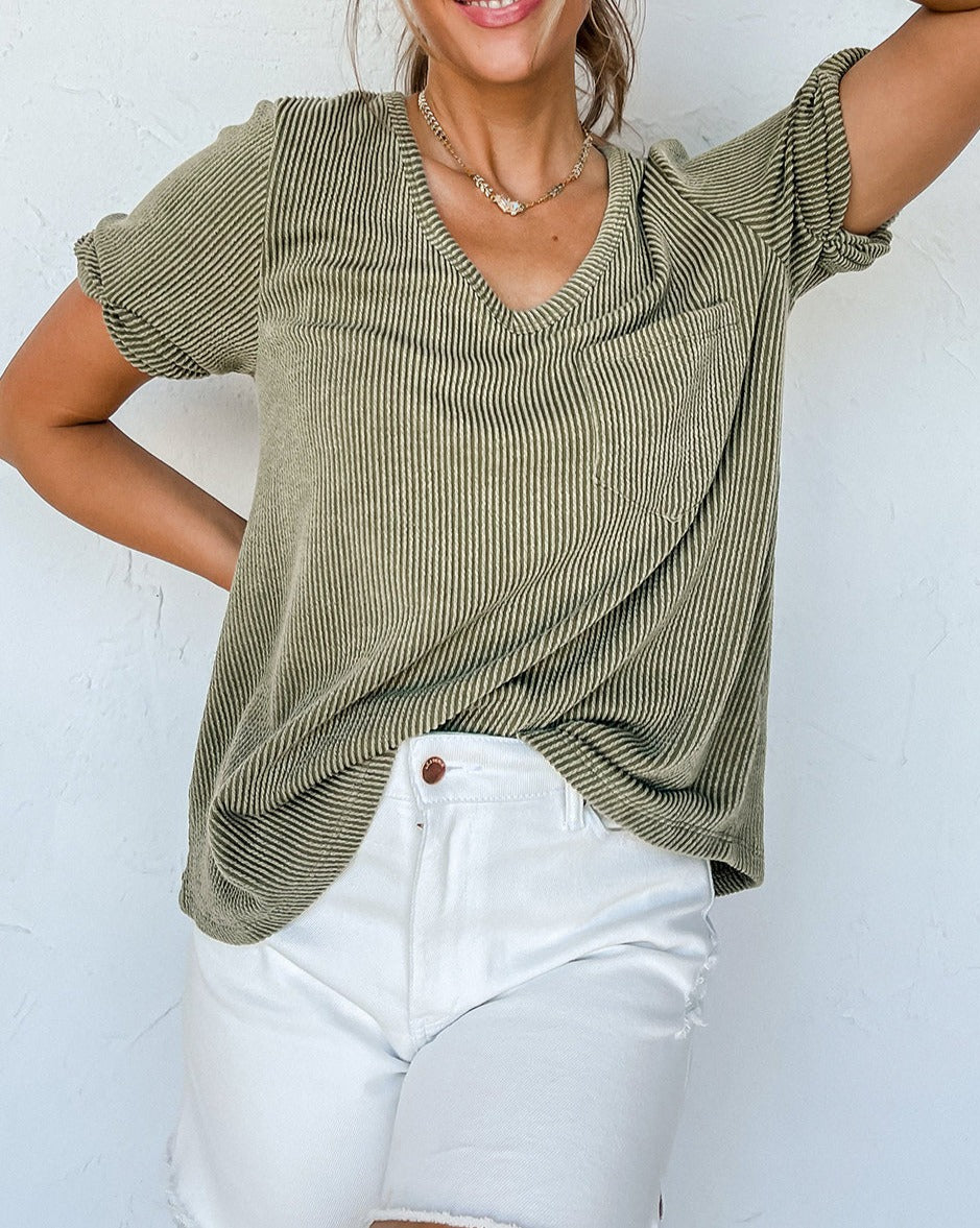 Ribbed Short Sleeve Pocketed Top