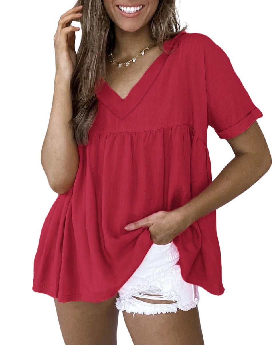 Linen Ruffle V-Neck Babydoll Blouse