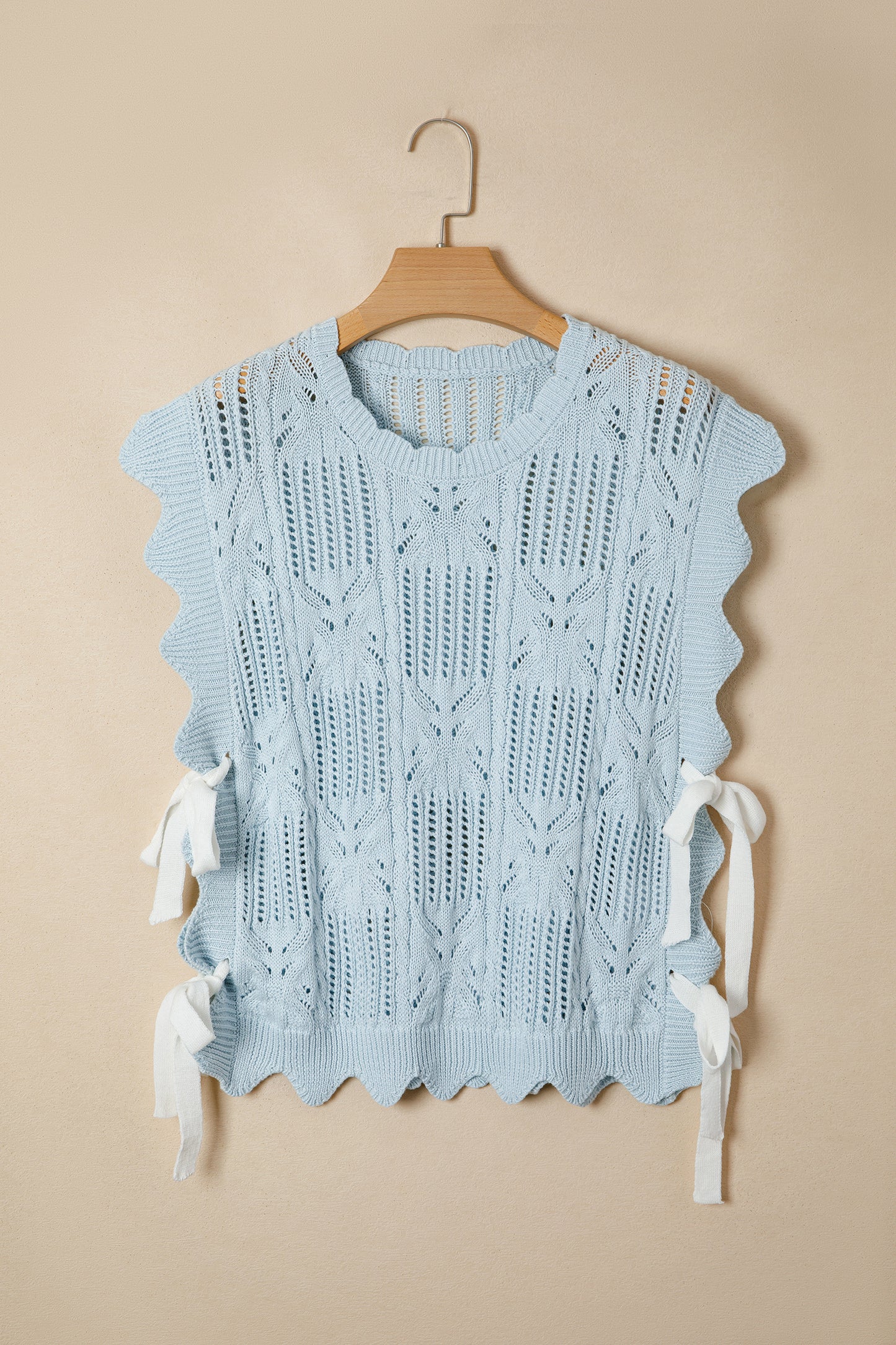 Pointelle Knit Scallop Trim Short Sleeve Sweater