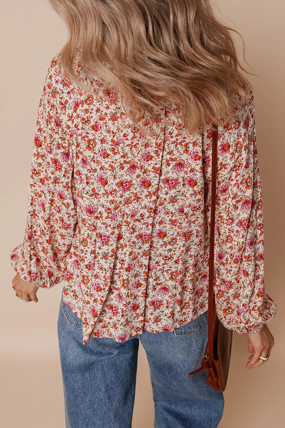 Floral Pleated Notched Neck Puff Sleeve Blouse