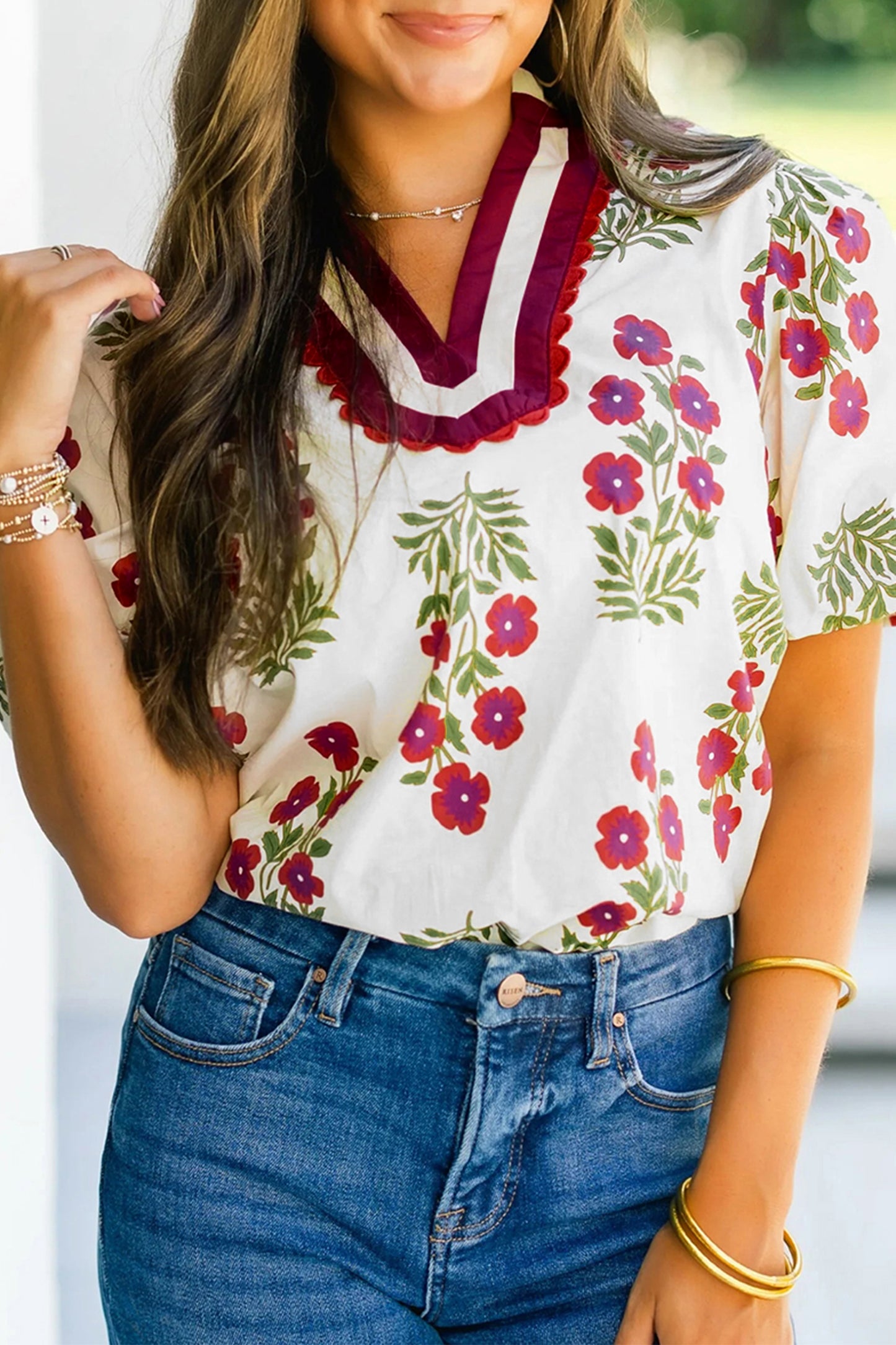 Floral Contrast Slit V-Neck Short Bubble Sleeve Blouse