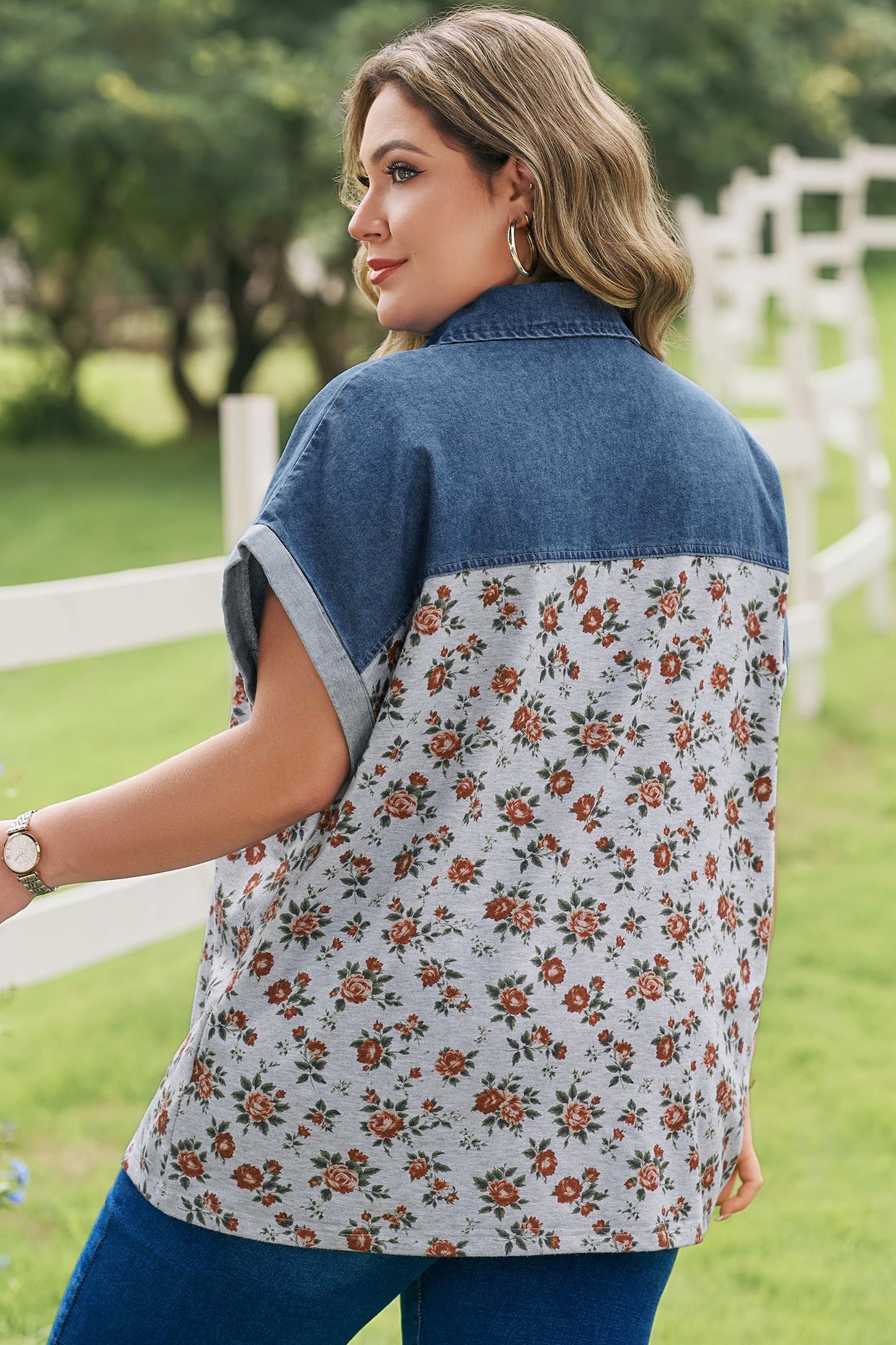Plus Size Floral Denim Patchwork Polo Tee