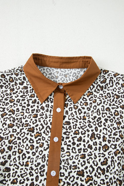 Plus Size Leopard Half-Button Collared Puff Sleeve Dress