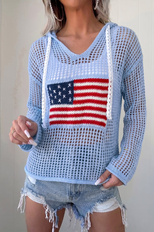 American Flag Patched Crochet Knit Hoodie